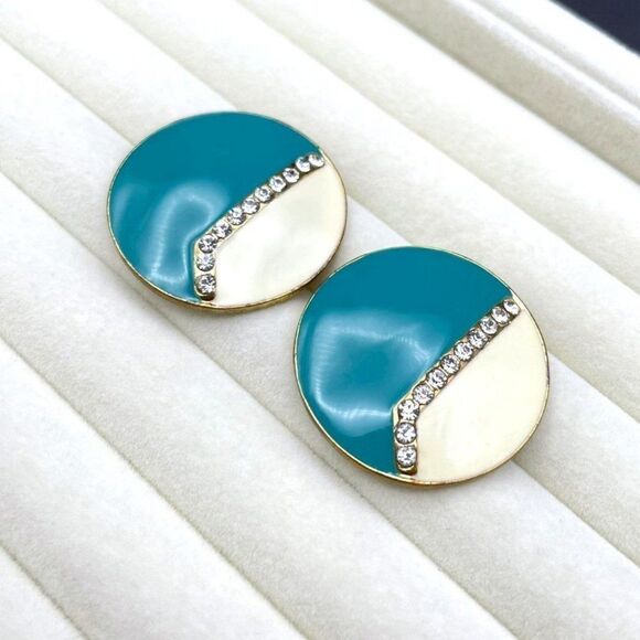 Yellow Gold with Teal and White Enamel and White Diamond Crystal Post Earrings - Picture 5 of 8